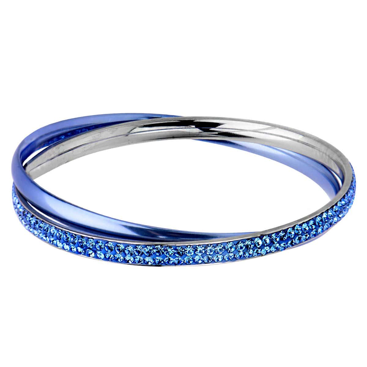 INOX JEWELRY Ladies Bracelets Blue & Silver Stainless Steel with Light Blue Crystal Double Bangle BR535LS