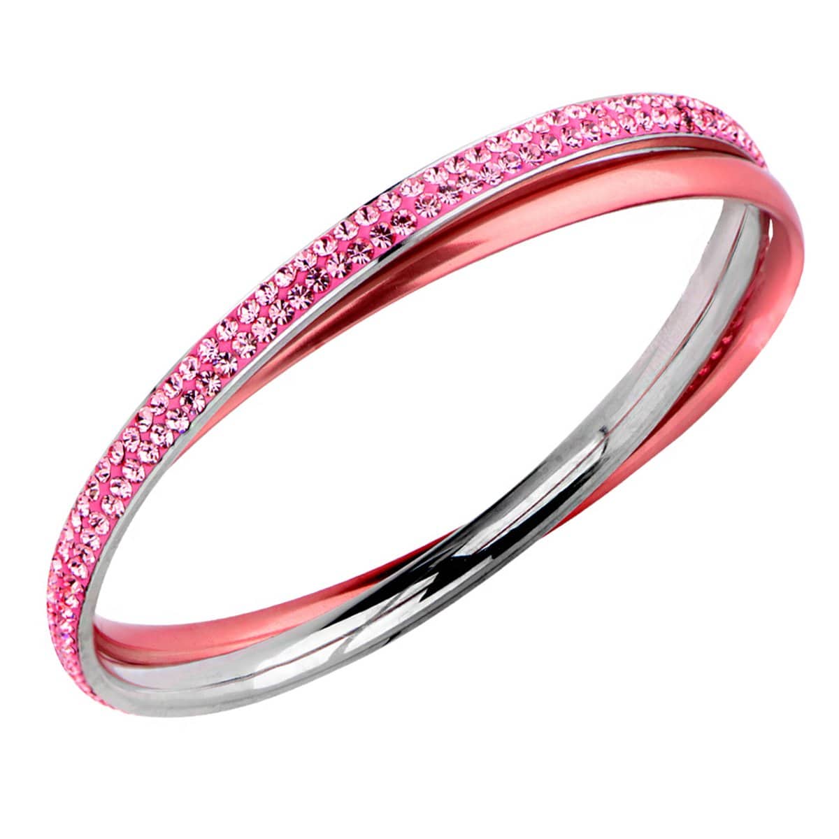 INOX JEWELRY Ladies Bracelets Pink & Silver Stainless Steel with Rose Crystal Double Bangle BR535P