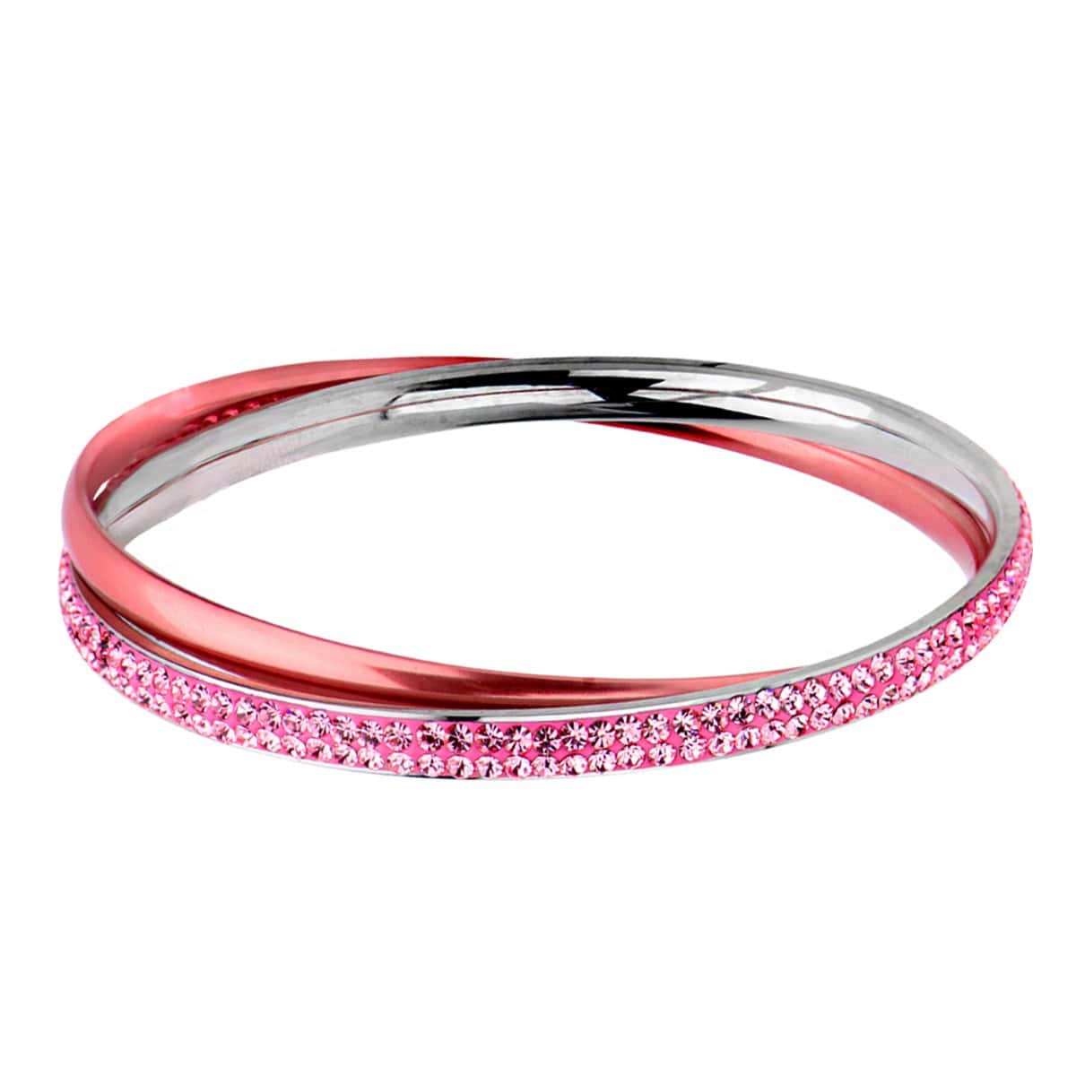 INOX JEWELRY Ladies Bracelets Pink & Silver Stainless Steel with Rose Crystal Double Bangle BR535P