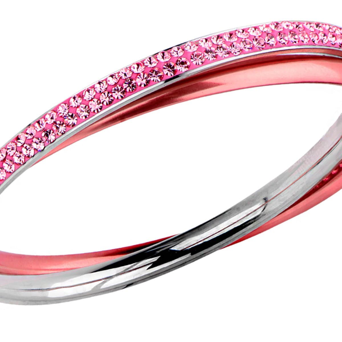 INOX JEWELRY Ladies Bracelets Pink & Silver Stainless Steel with Rose Crystal Double Bangle BR535P