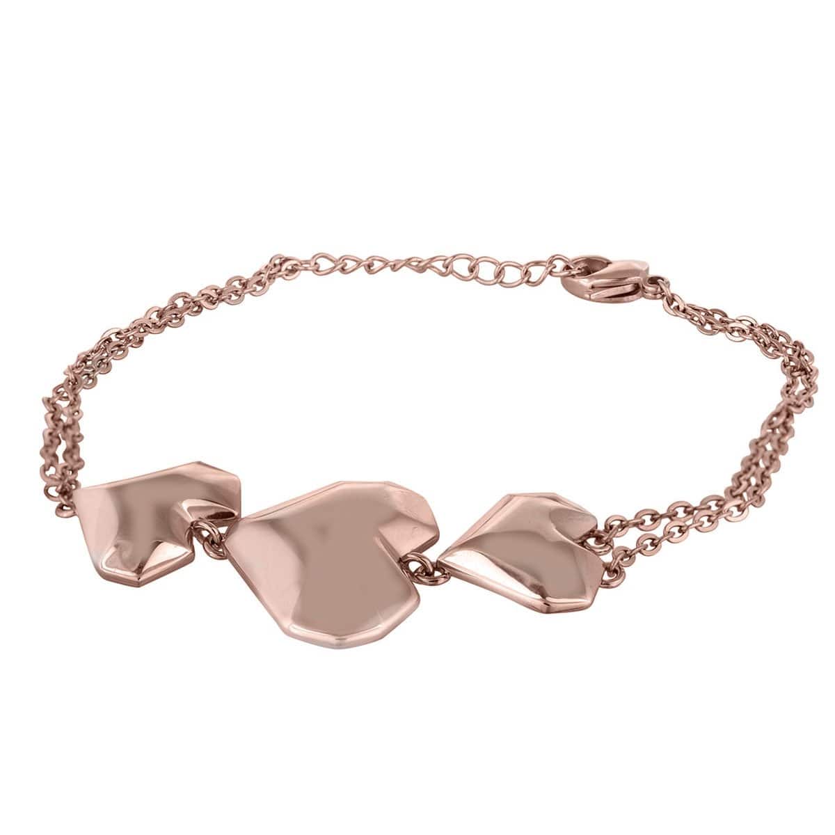 INOX JEWELRY Ladies Bracelets Rose Gold Stainless Steel Three Block Hearts Bracelet BR711RG