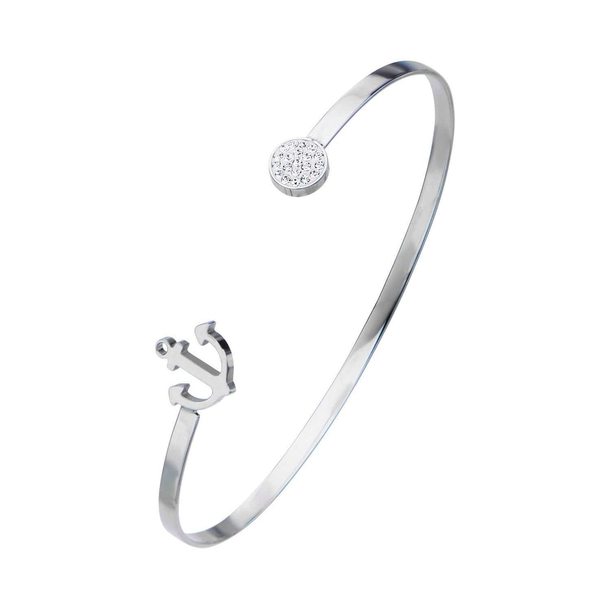 INOX JEWELRY Ladies Bracelets Silver Stainless Steel Anchor and Studded Crystal Disc Open Bangle BR19468