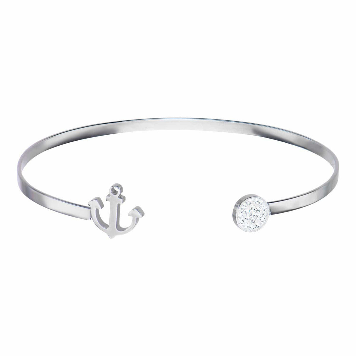 INOX JEWELRY Ladies Bracelets Silver Stainless Steel Anchor and Studded Crystal Disc Open Bangle BR19468