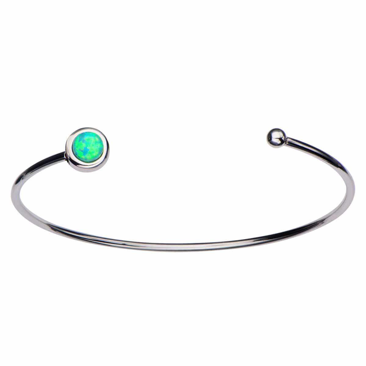 INOX JEWELRY Ladies Bracelets Silver Stainless Steel Bezel Set Green Artificial Opal in Open Cuff Bangle BR722GO