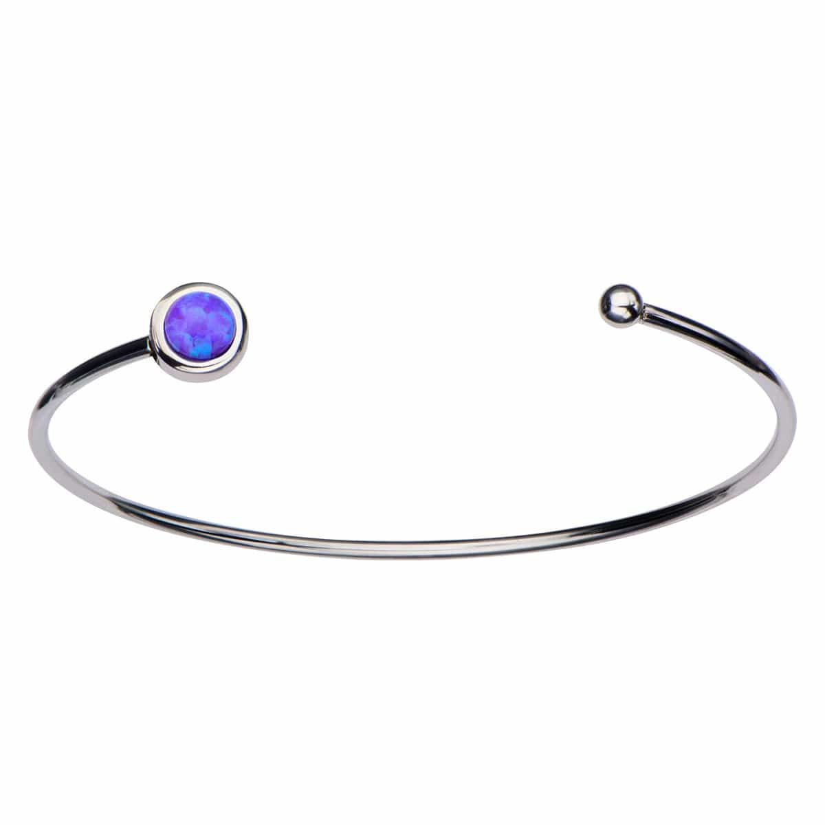 INOX JEWELRY Ladies Bracelets Silver Stainless Steel Bezel Set Purple Artificial Opal in Open Cuff Bangle BR722AO