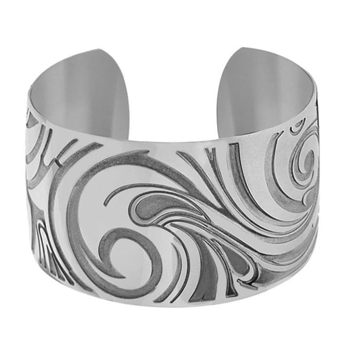INOX JEWELRY Ladies Bracelets Silver Stainless Steel Etched Waves Cuff Bangle BR296