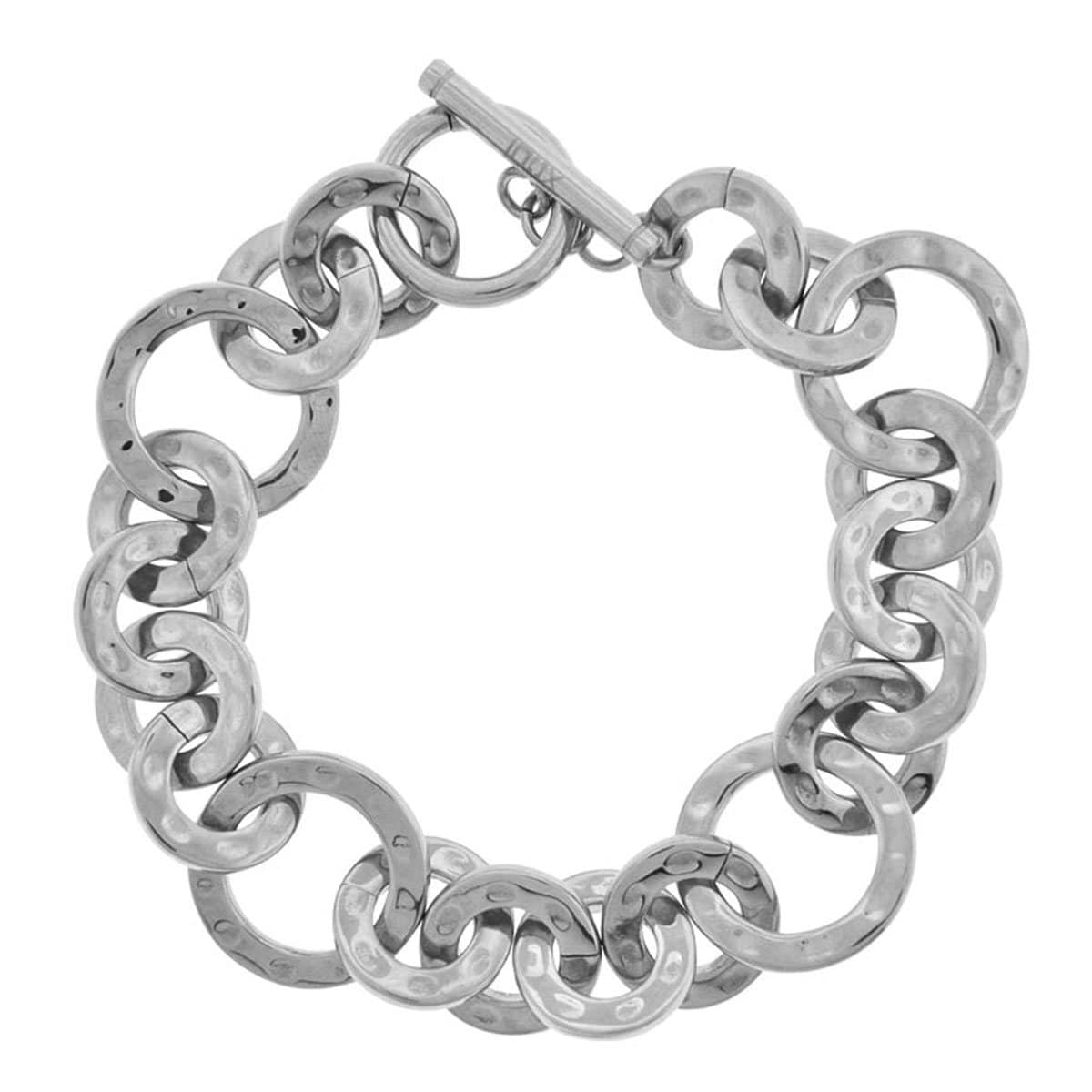 INOX JEWELRY Ladies Bracelets Silver Stainless Steel Polished & Hammered Round Link Toggle Bracelet BR867