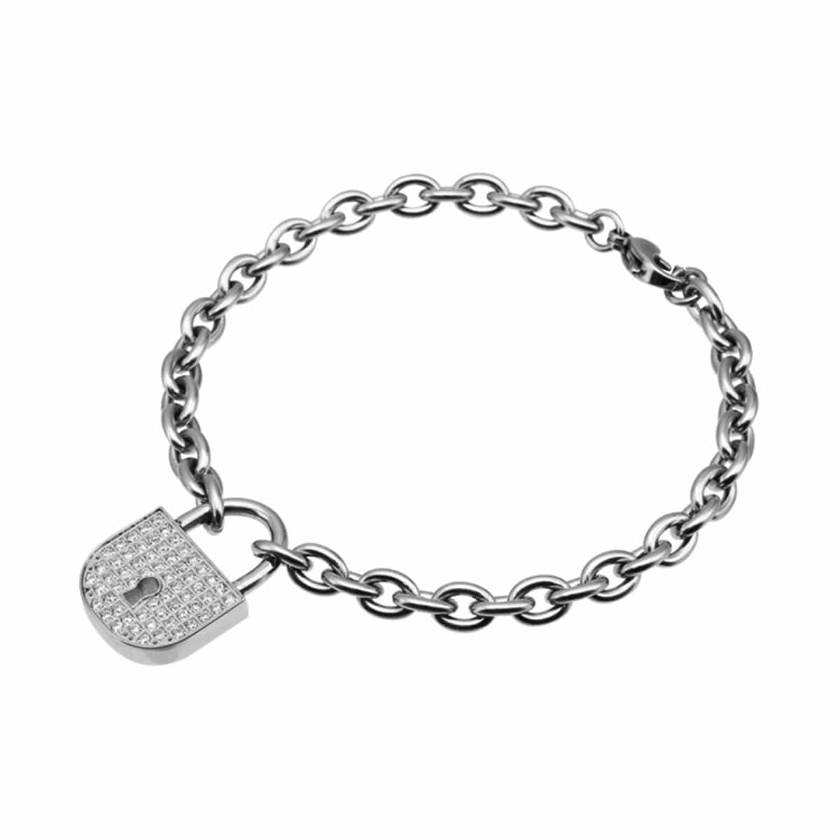 INOX JEWELRY Ladies Bracelets Silver Stainless Steel Studded CZ Lock Charm Bracelet BR7481
