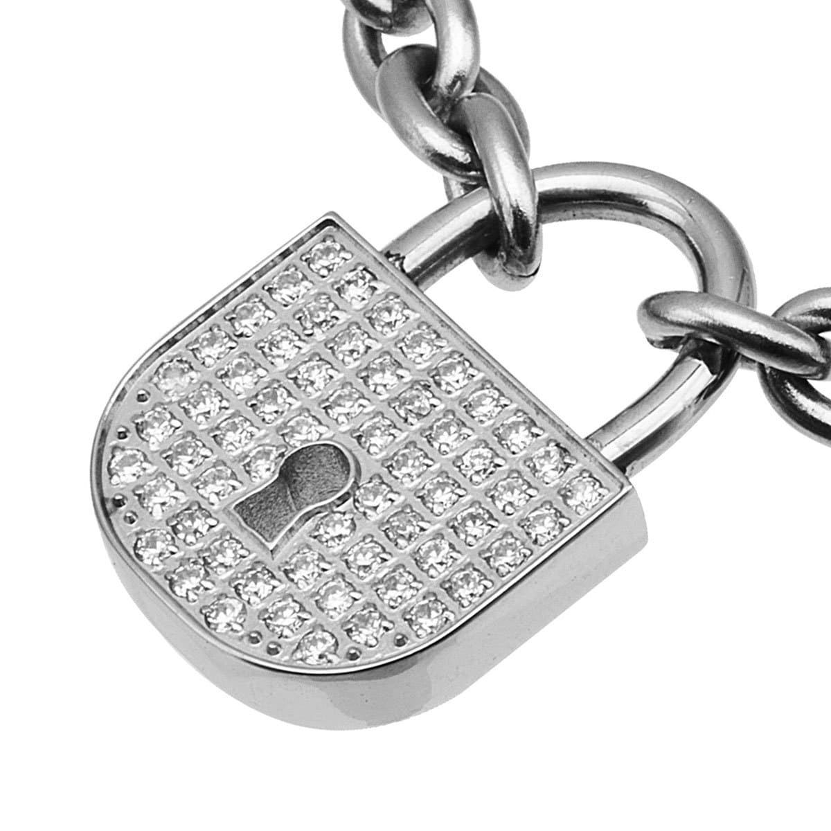 INOX JEWELRY Ladies Bracelets Silver Stainless Steel Studded CZ Lock Charm Bracelet BR7481