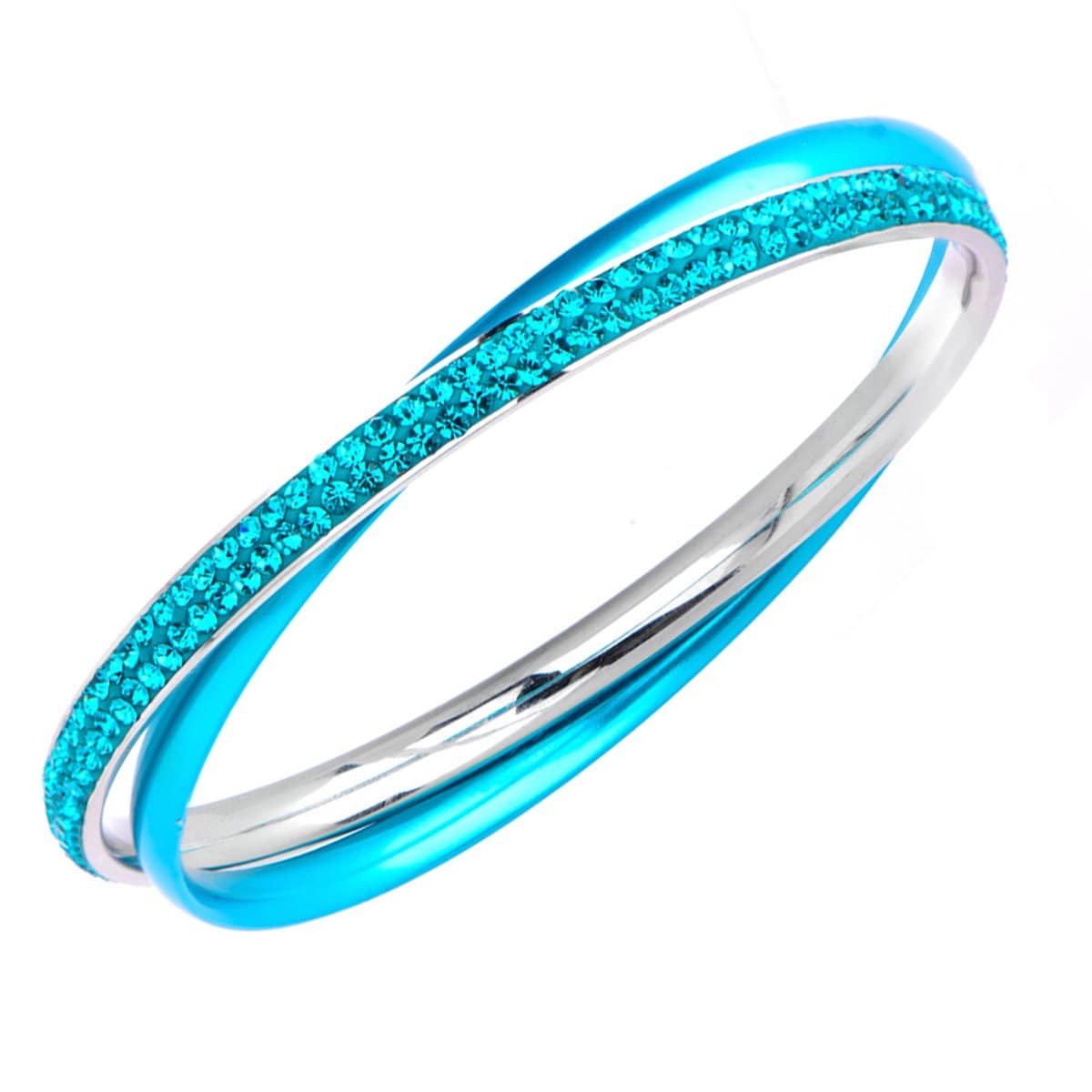 INOX JEWELRY Ladies Bracelets Turquoise & Silver Stainless Steel with Blue Crystal Double Bangle BR535Q