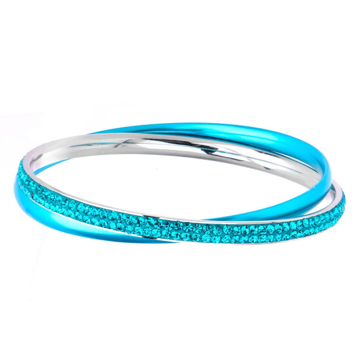INOX JEWELRY Ladies Bracelets Turquoise & Silver Stainless Steel with Blue Crystal Double Bangle BR535Q