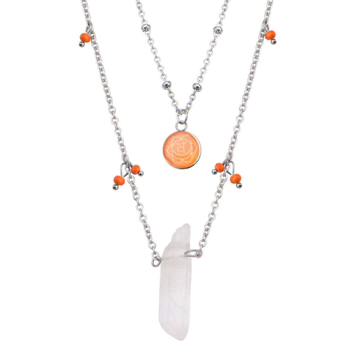 INOX JEWELRY Ladies Chains Silver Stainless Steel Orange Quartz Sacral Chakra Necklace CHAKRA04NK1