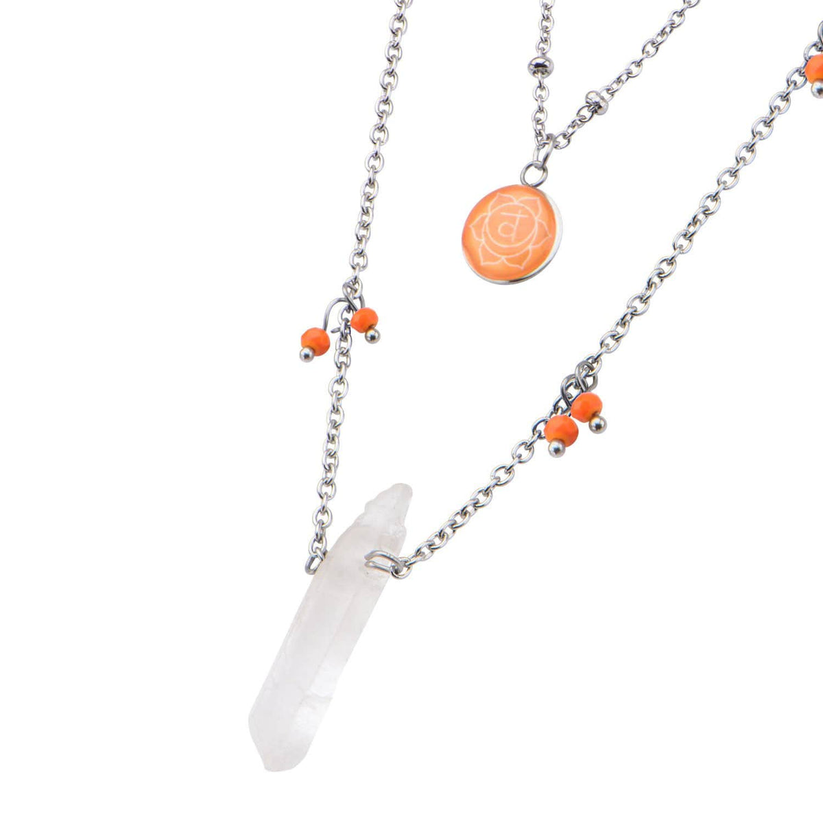 INOX JEWELRY Ladies Chains Silver Stainless Steel Orange Quartz Sacral Chakra Necklace CHAKRA04NK1