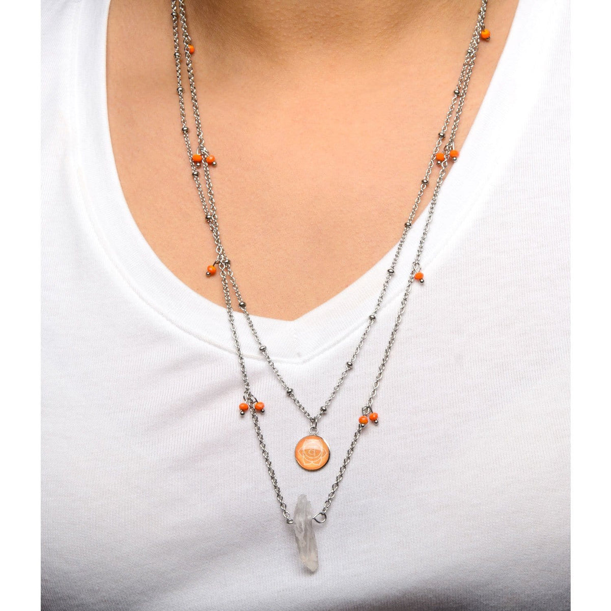 INOX JEWELRY Ladies Chains Silver Stainless Steel Orange Quartz Sacral Chakra Necklace CHAKRA04NK1