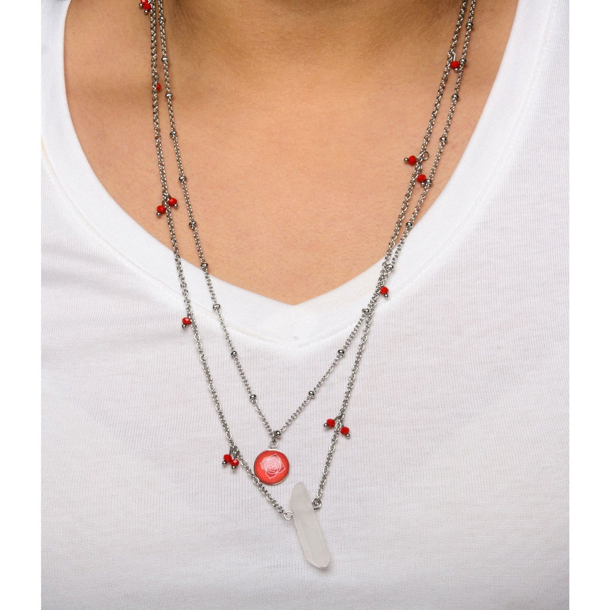 INOX JEWELRY Ladies Chains Silver Stainless Steel Red Quartz Crystal Roots Chakra Necklace CHAKRA02NK1