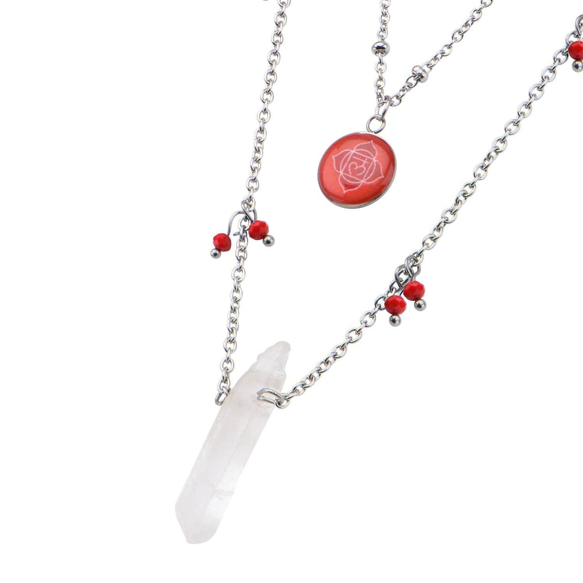 INOX JEWELRY Ladies Chains Silver Stainless Steel Red Quartz Crystal Roots Chakra Necklace CHAKRA02NK1
