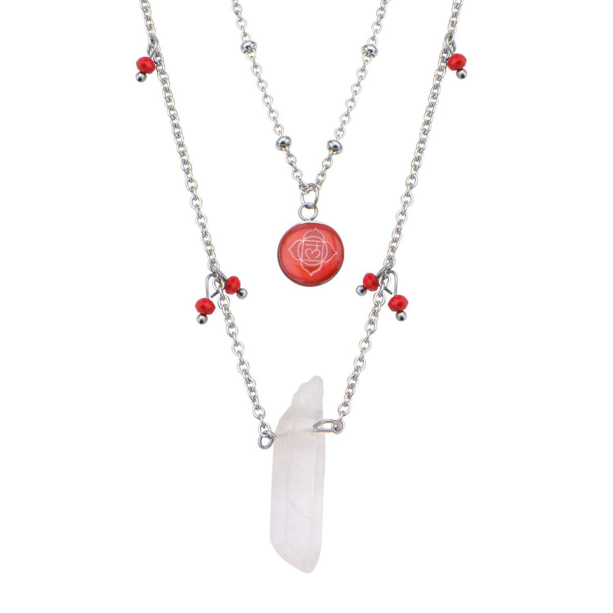 INOX JEWELRY Ladies Chains Silver Stainless Steel Red Quartz Crystal Roots Chakra Necklace CHAKRA02NK1