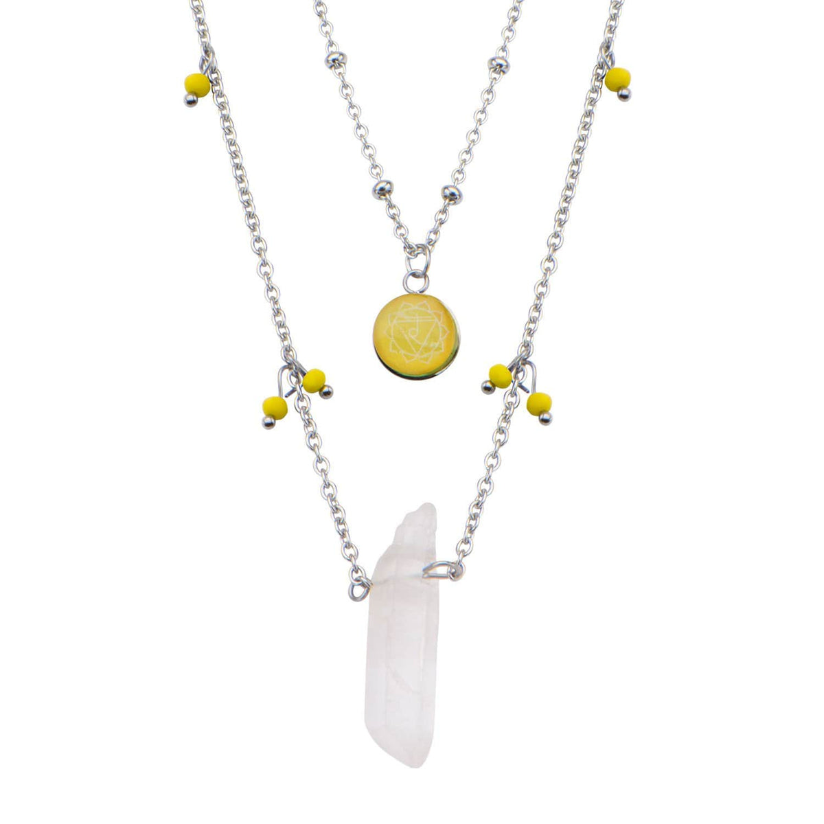 INOX JEWELRY Ladies Chains Silver Stainless Steel Yellow Quartz Solar Plexus Chakra Necklace CHAKRA03NK1