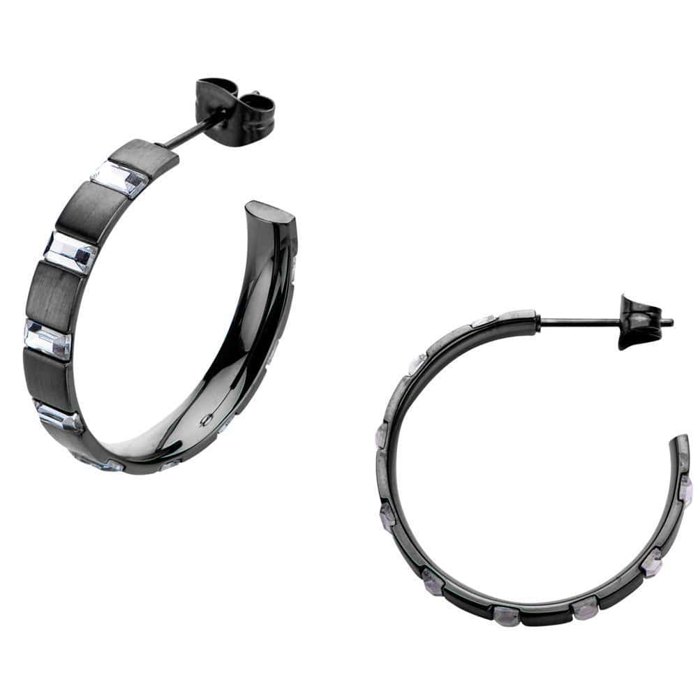 INOX JEWELRY Ladies Earrings Black Stainless Steel Alternating Rectangle Crystal Hoops SSE1430K