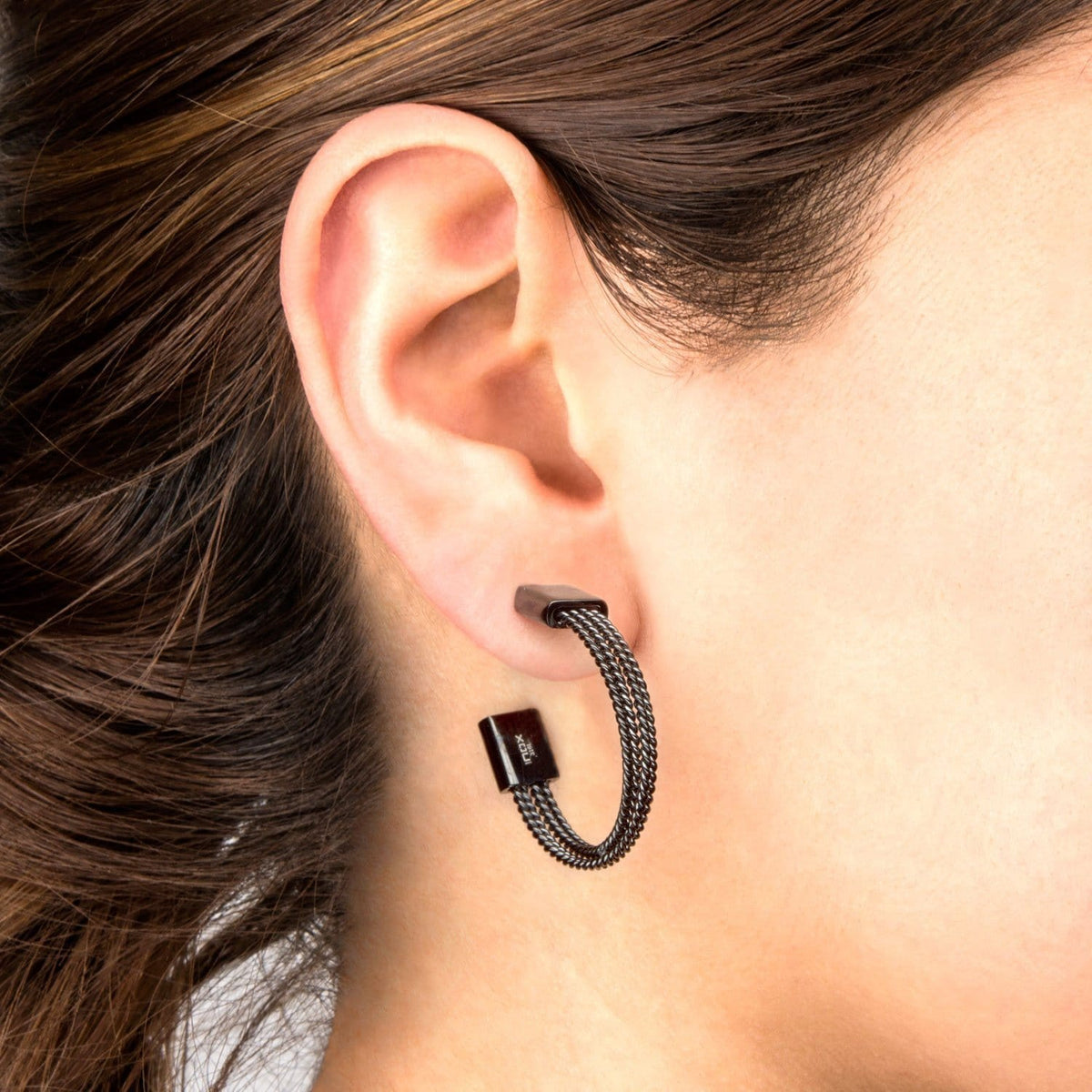 INOX JEWELRY Ladies Earrings Black Stainless Steel Overlapping Cable Hoop Earrings with Butterfly Post SSE4115K