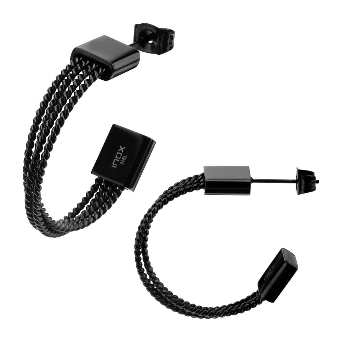 INOX JEWELRY Ladies Earrings Black Stainless Steel Overlapping Cable Hoop Earrings with Butterfly Post SSE4115K