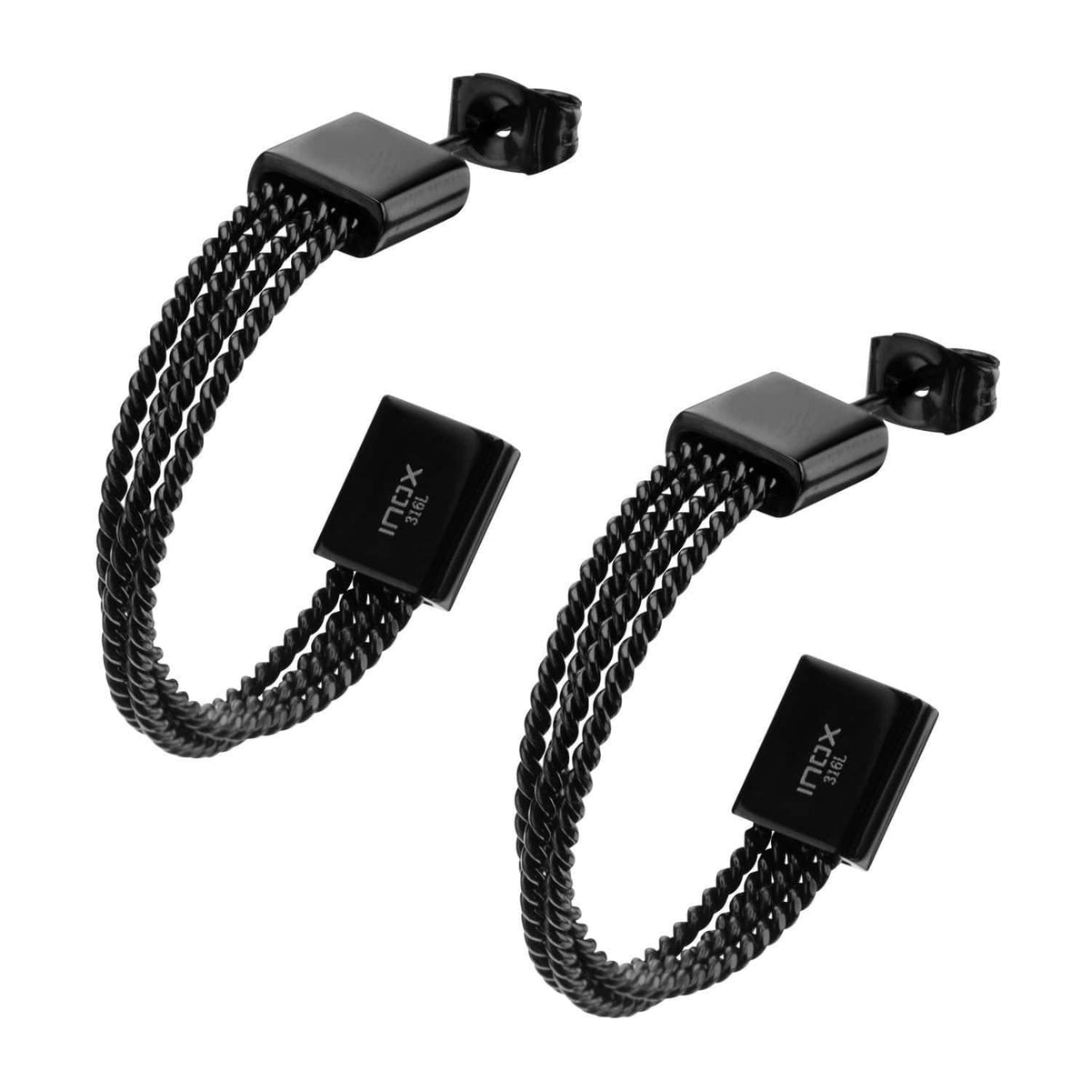 INOX JEWELRY Ladies Earrings Black Stainless Steel Overlapping Cable Hoop Earrings with Butterfly Post SSE4115K