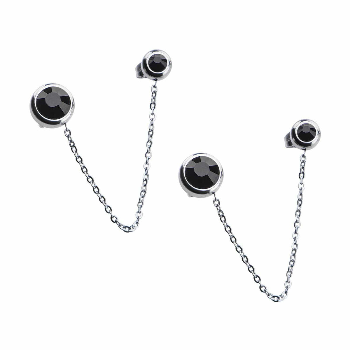 INOX JEWELRY Ladies Earrings Silver Tone Stainless Steel 2 Black Crystal Attached Chain Studs SSE724K