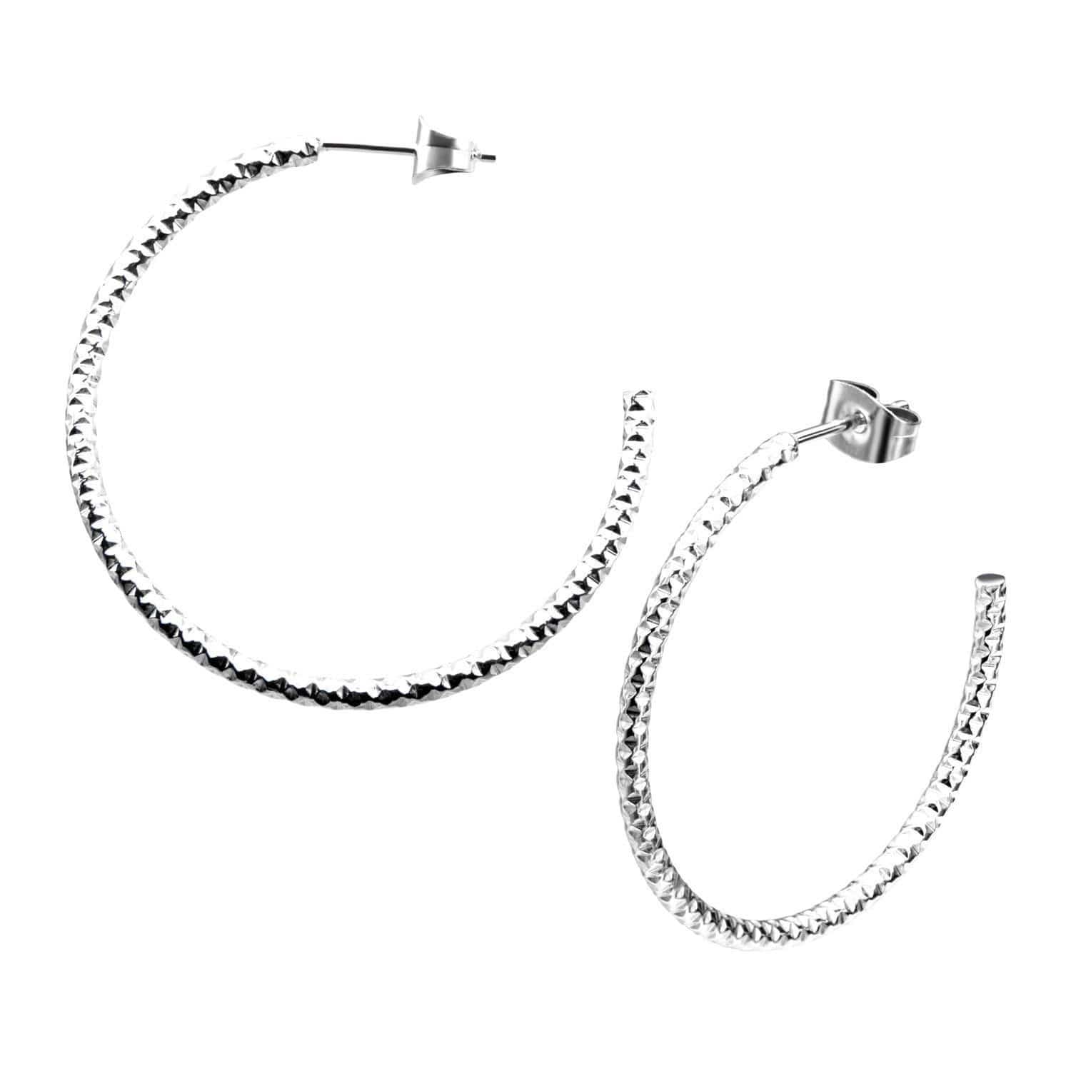 INOX JEWELRY Ladies Earrings Silver Tone Stainless Steel 33mm Hammered Open Hoop Earrings SSE19379