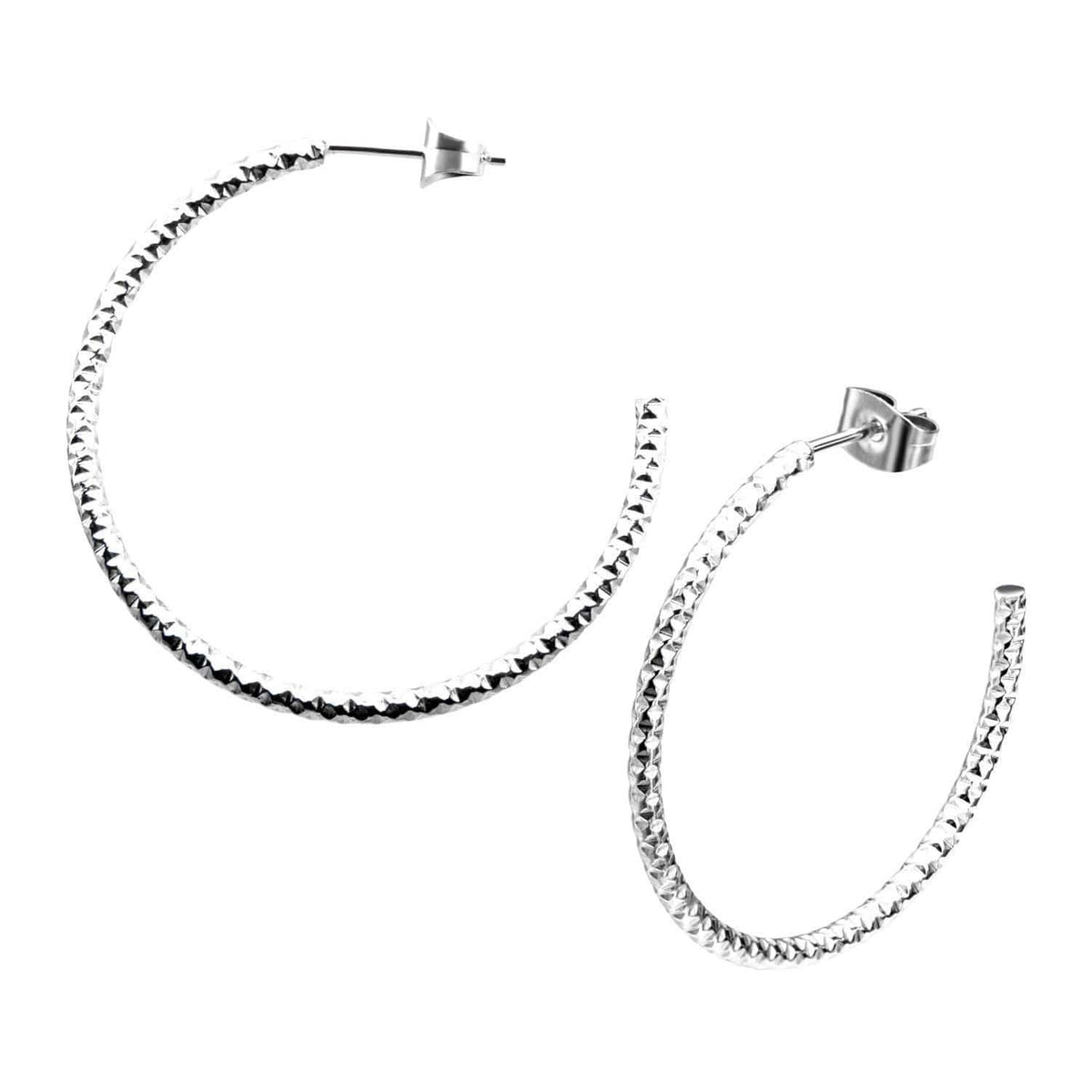 INOX JEWELRY Ladies Earrings Silver Tone Stainless Steel 33mm Hammered Open Hoop Earrings SSE19379
