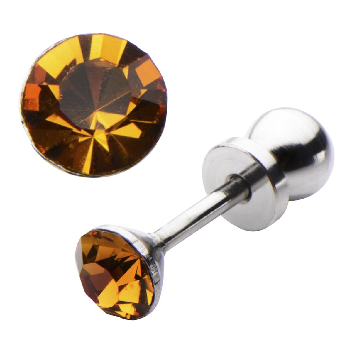 INOX JEWELRY Ladies Earrings Silver Tone Stainless Steel 4mm Citrine CZ Safety Back Ear Stud KDER4TP-PR