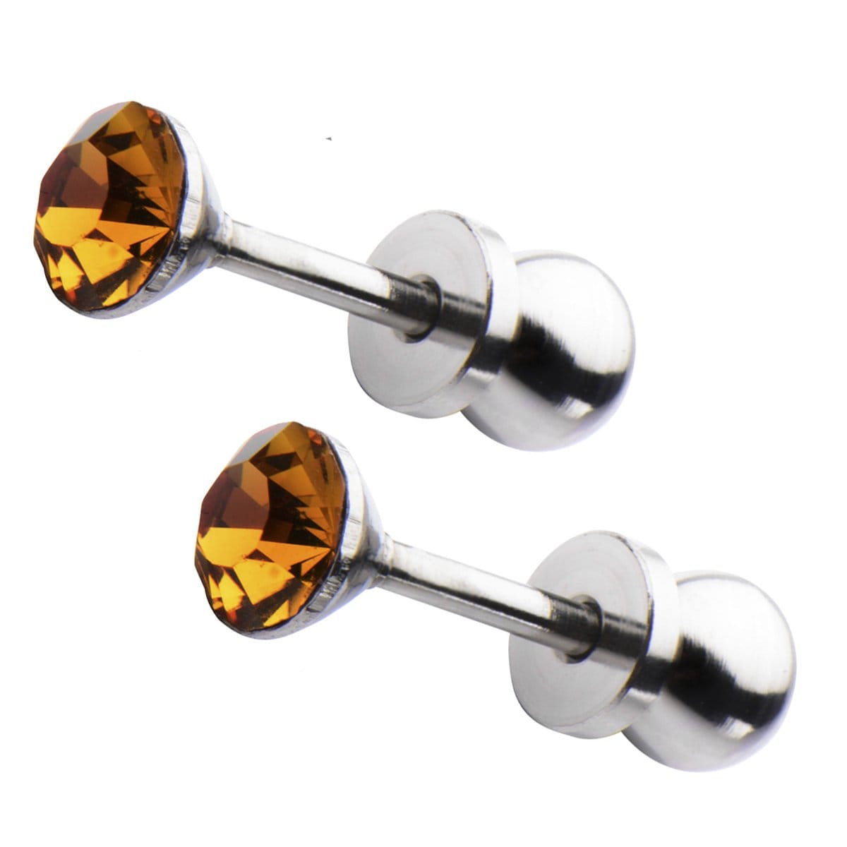 INOX JEWELRY Ladies Earrings Silver Tone Stainless Steel 4mm Citrine CZ Safety Back Ear Stud KDER4TP-PR