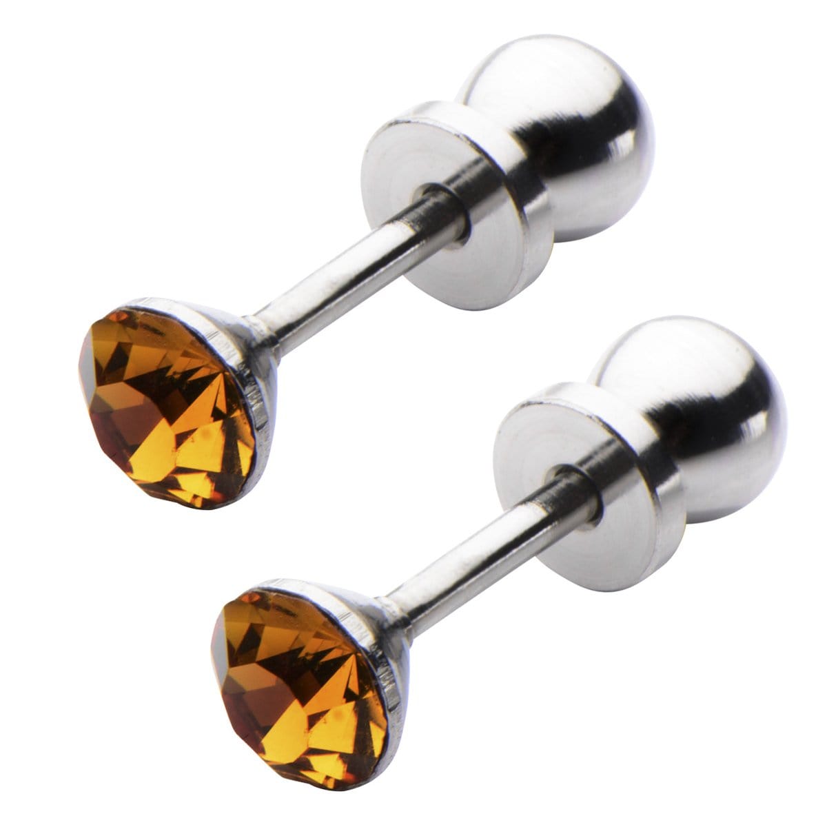 INOX JEWELRY Ladies Earrings Silver Tone Stainless Steel 4mm Citrine CZ Safety Back Ear Stud KDER4TP-PR