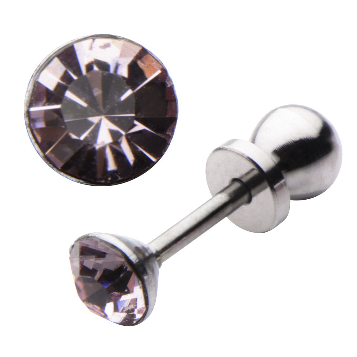 INOX JEWELRY Ladies Earrings Silver Tone Stainless Steel 4mm Lavender CZ Safety Back Ear Stud KDER4LA-PR