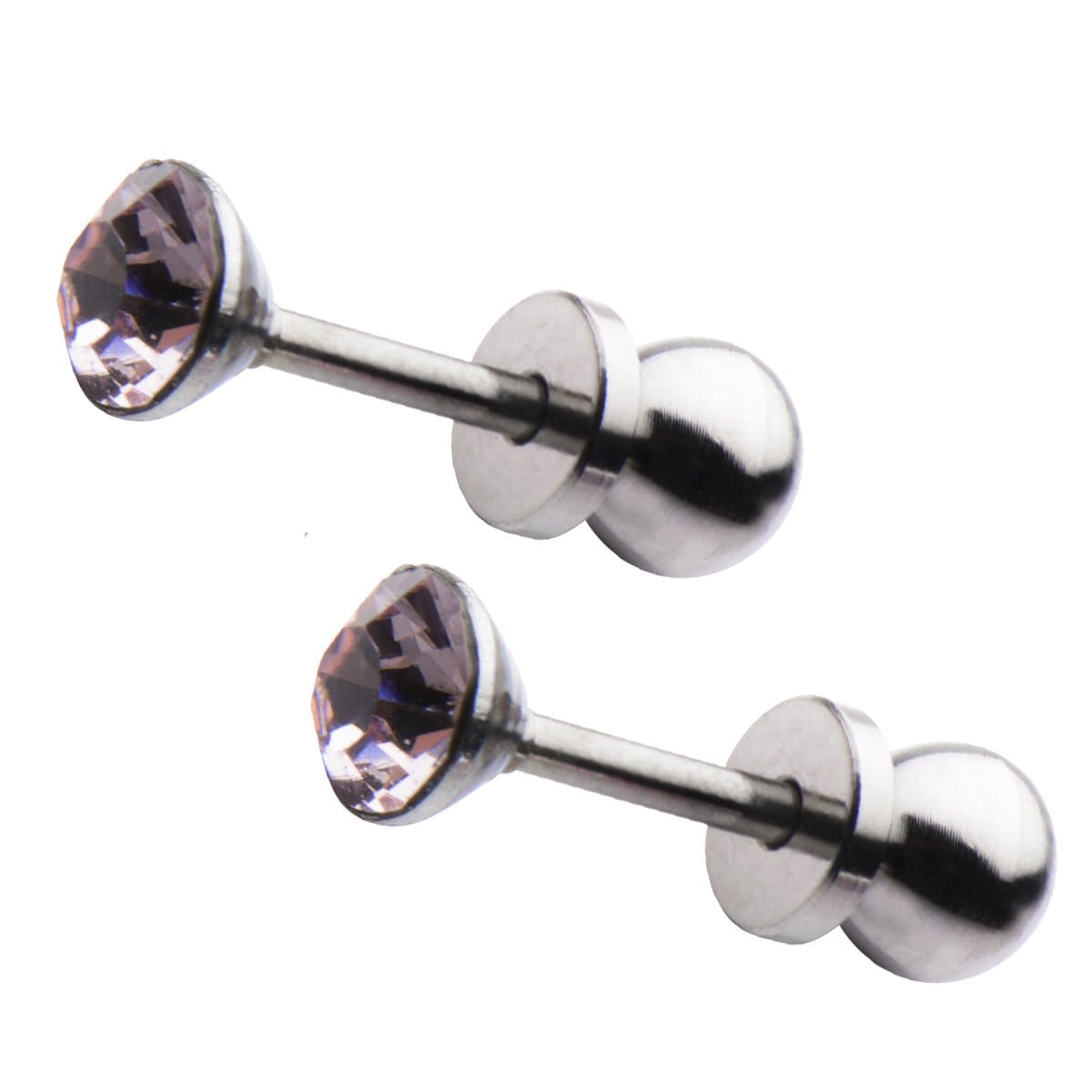 INOX JEWELRY Ladies Earrings Silver Tone Stainless Steel 4mm Lavender CZ Safety Back Ear Stud KDER4LA-PR