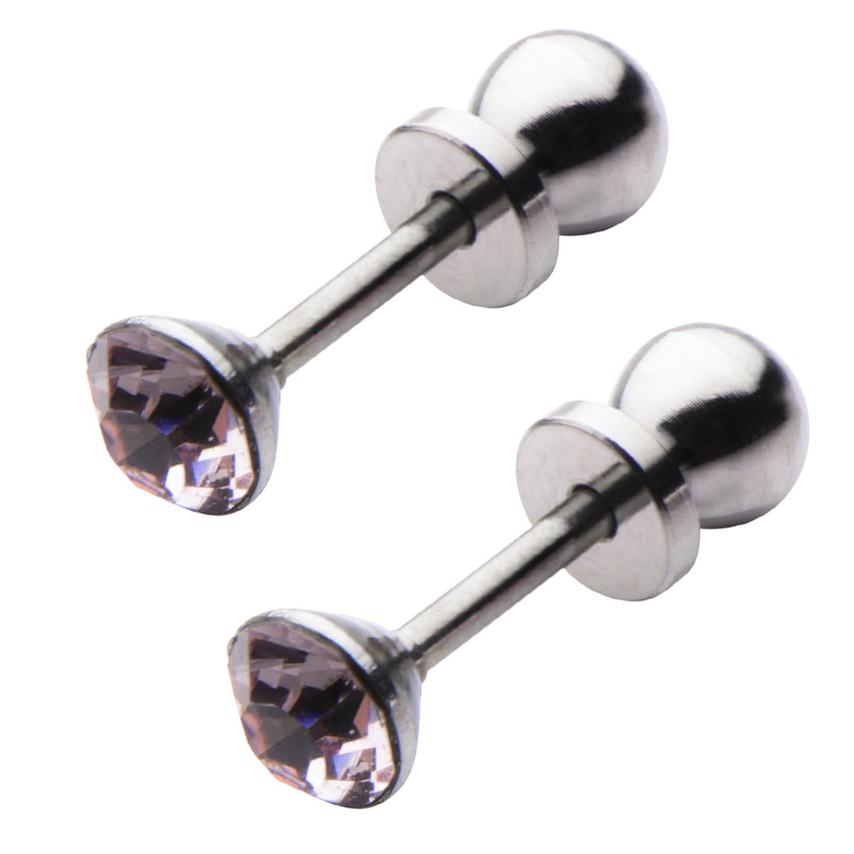 INOX JEWELRY Ladies Earrings Silver Tone Stainless Steel 4mm Lavender CZ Safety Back Ear Stud KDER4LA-PR