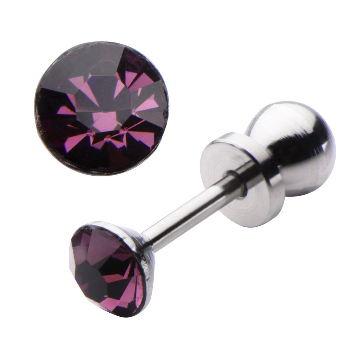 INOX JEWELRY Ladies Earrings Silver Tone Stainless Steel 4mm Purple CZ Safety Back Ear Stud KDER4AM-PR