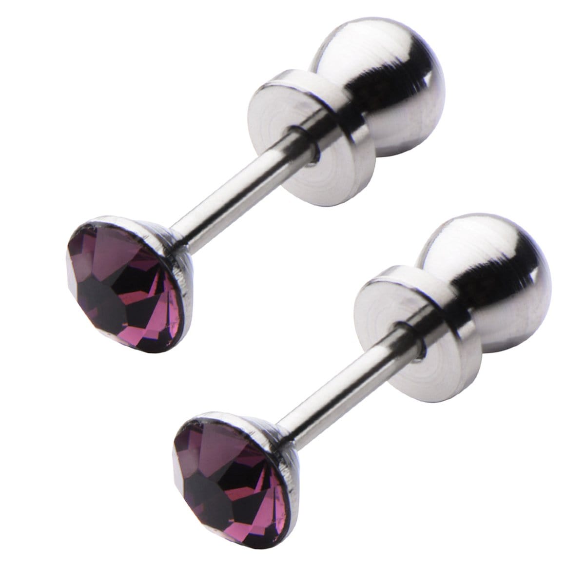 INOX JEWELRY Ladies Earrings Silver Tone Stainless Steel 4mm Purple CZ Safety Back Ear Stud KDER4AM-PR