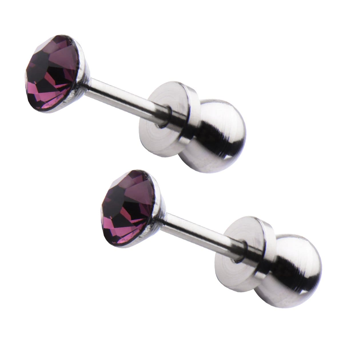 INOX JEWELRY Ladies Earrings Silver Tone Stainless Steel 4mm Purple CZ Safety Back Ear Stud KDER4AM-PR