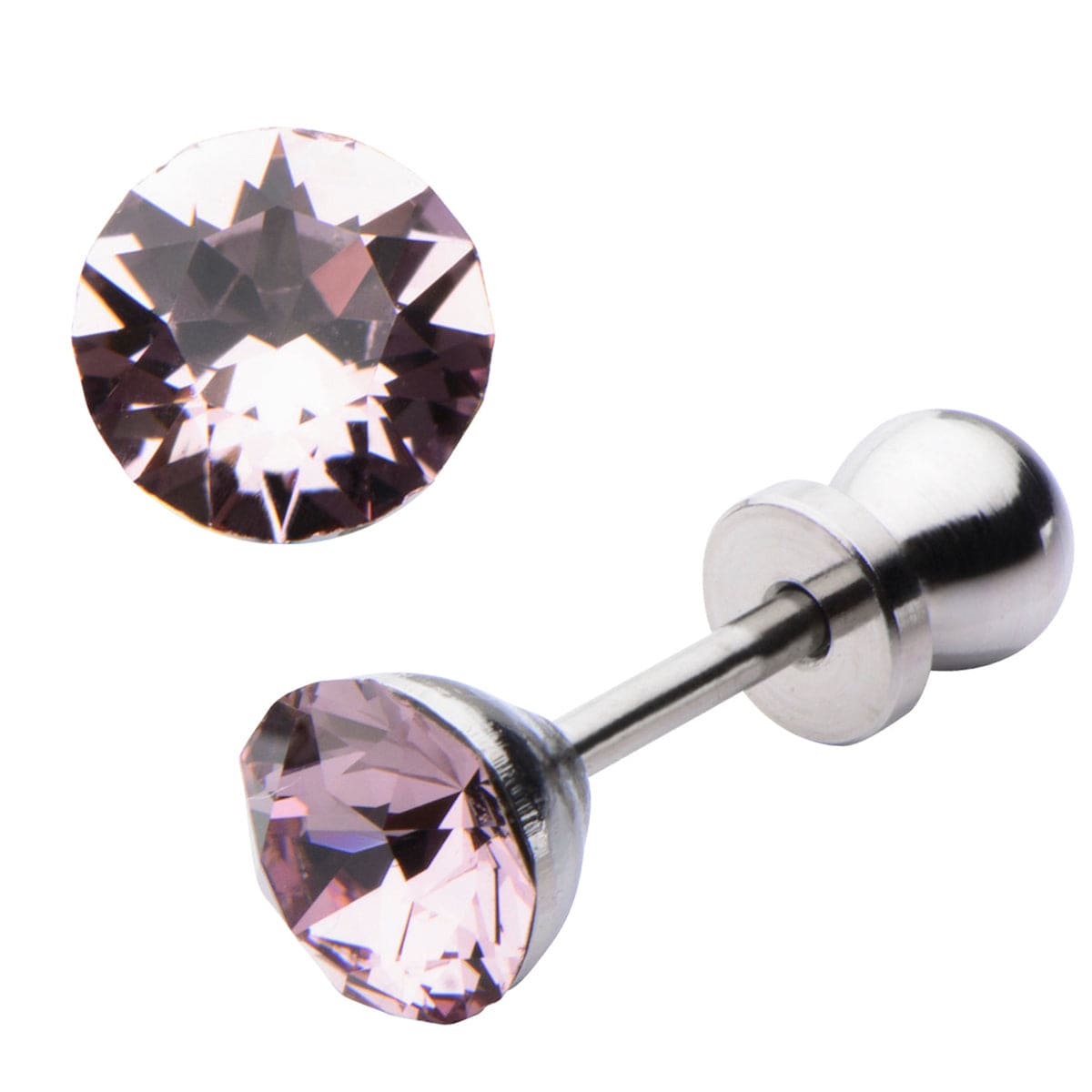 INOX JEWELRY Ladies Earrings Silver Tone Stainless Steel 5mm Lavender CZ Safety Back Ear Stud KDER5LA-PR