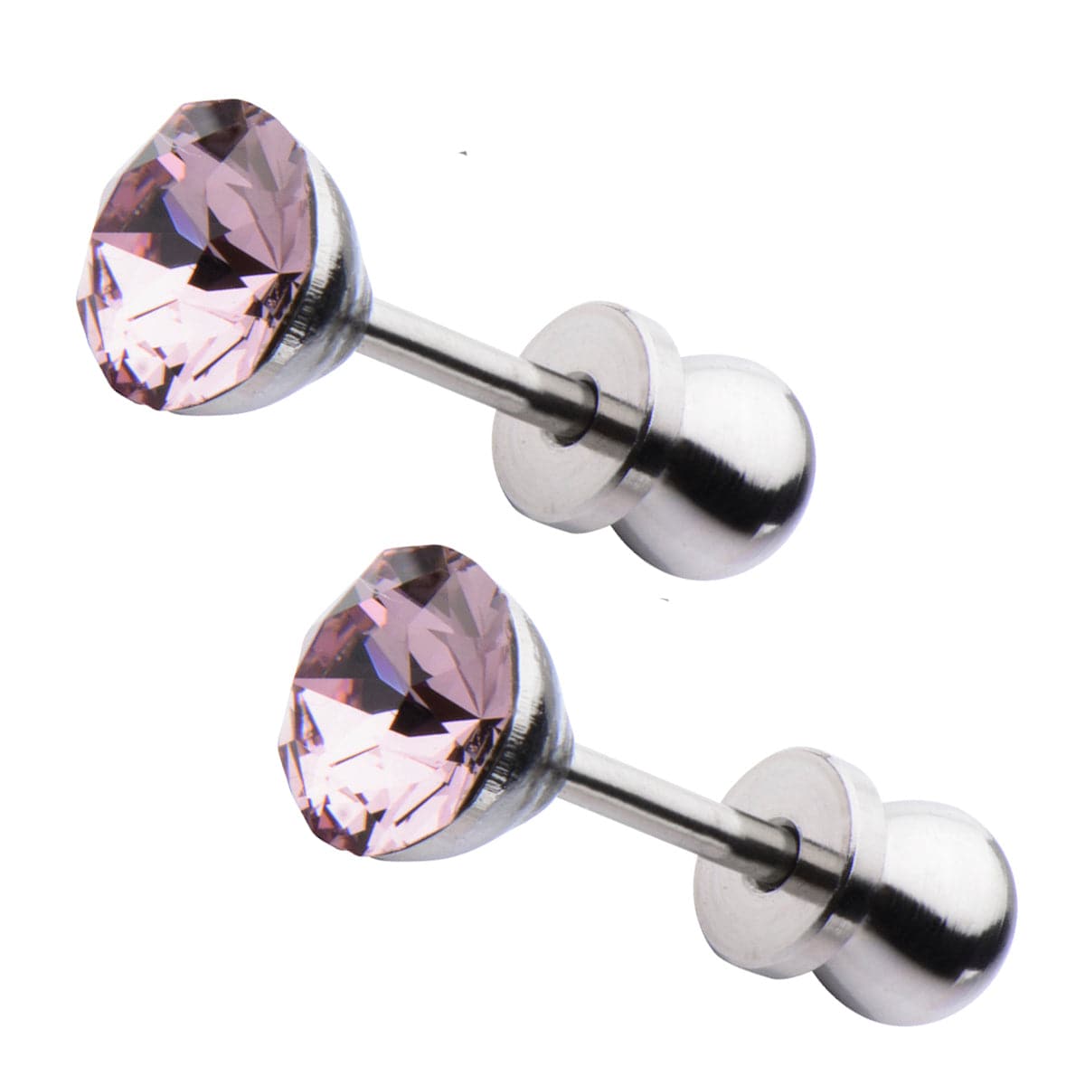 INOX JEWELRY Ladies Earrings Silver Tone Stainless Steel 5mm Lavender CZ Safety Back Ear Stud KDER5LA-PR