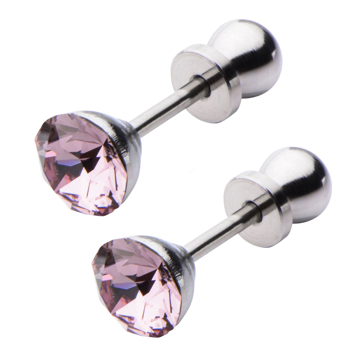 INOX JEWELRY Ladies Earrings Silver Tone Stainless Steel 5mm Lavender CZ Safety Back Ear Stud KDER5LA-PR