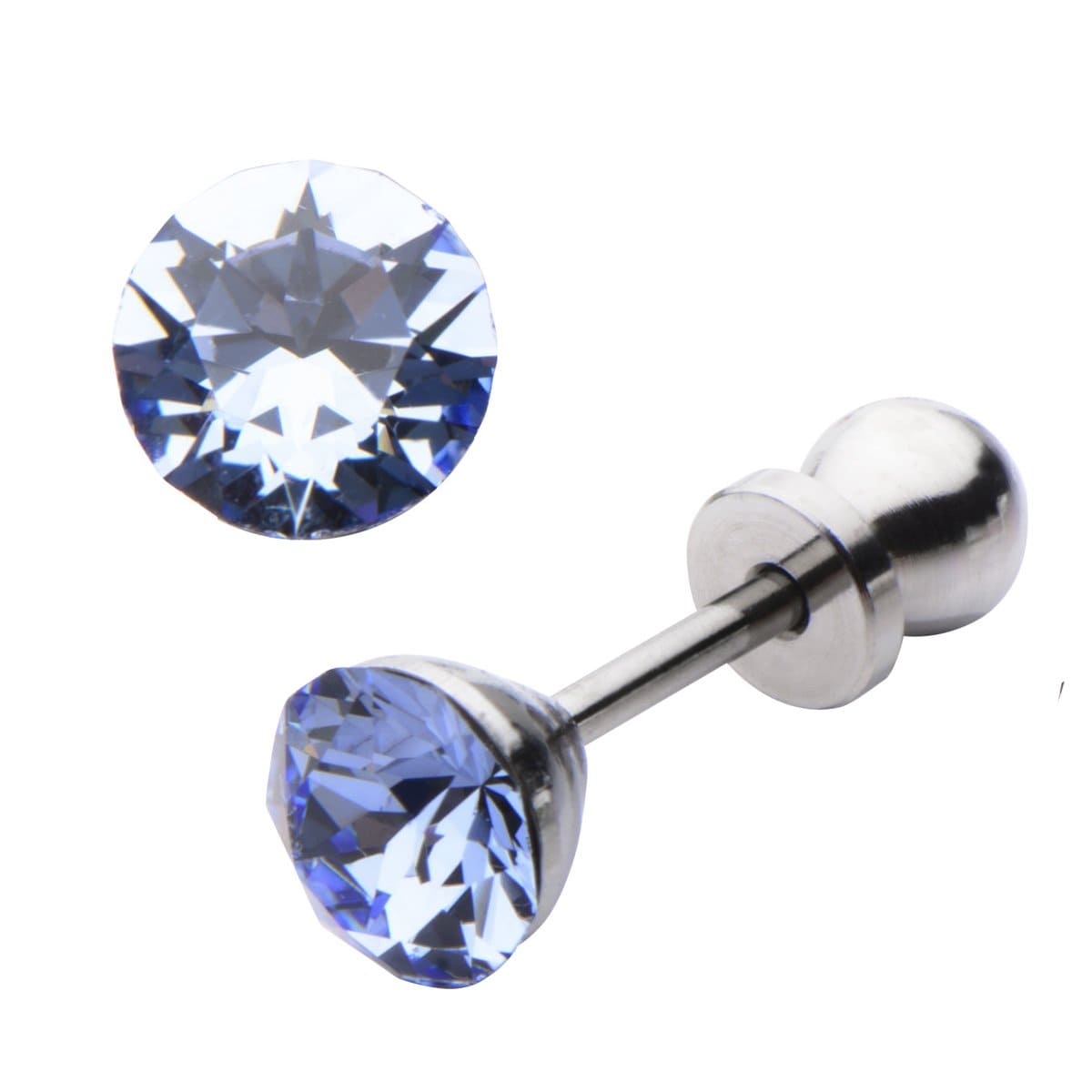 INOX JEWELRY Ladies Earrings Silver Tone Stainless Steel 5mm Light Blue CZ Safety Back Ear Stud KDER5LB-PR