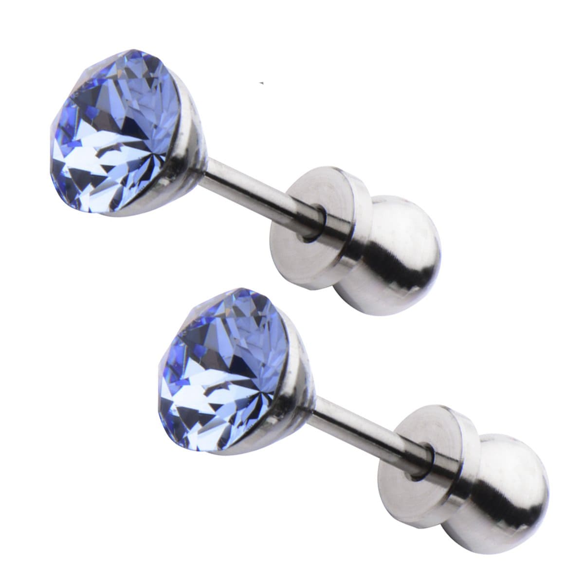 INOX JEWELRY Ladies Earrings Silver Tone Stainless Steel 5mm Light Blue CZ Safety Back Ear Stud KDER5LB-PR