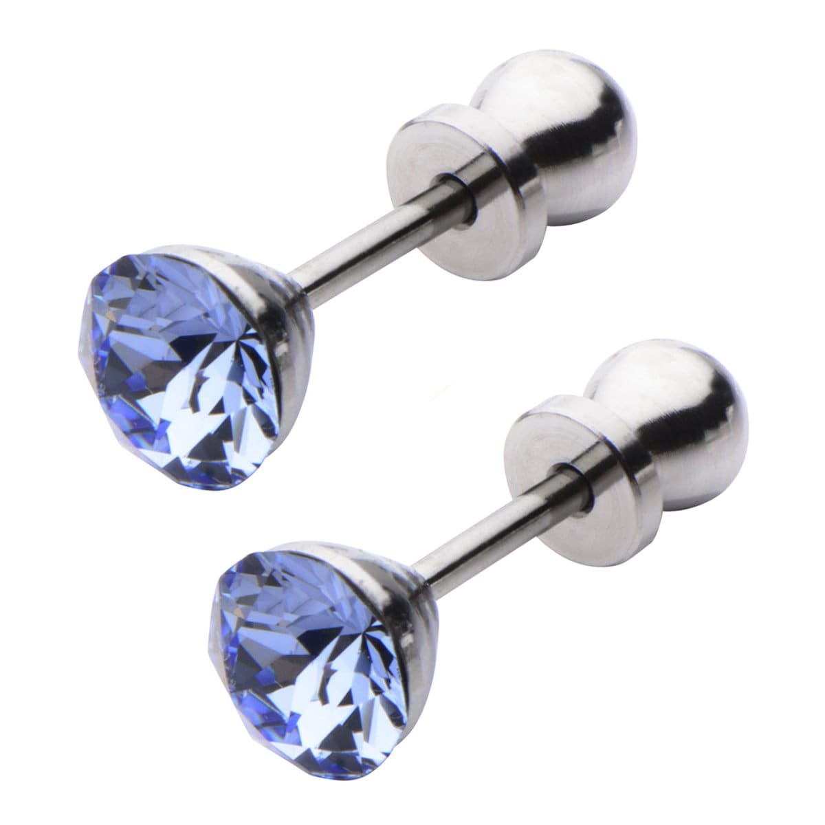 INOX JEWELRY Ladies Earrings Silver Tone Stainless Steel 5mm Light Blue CZ Safety Back Ear Stud KDER5LB-PR