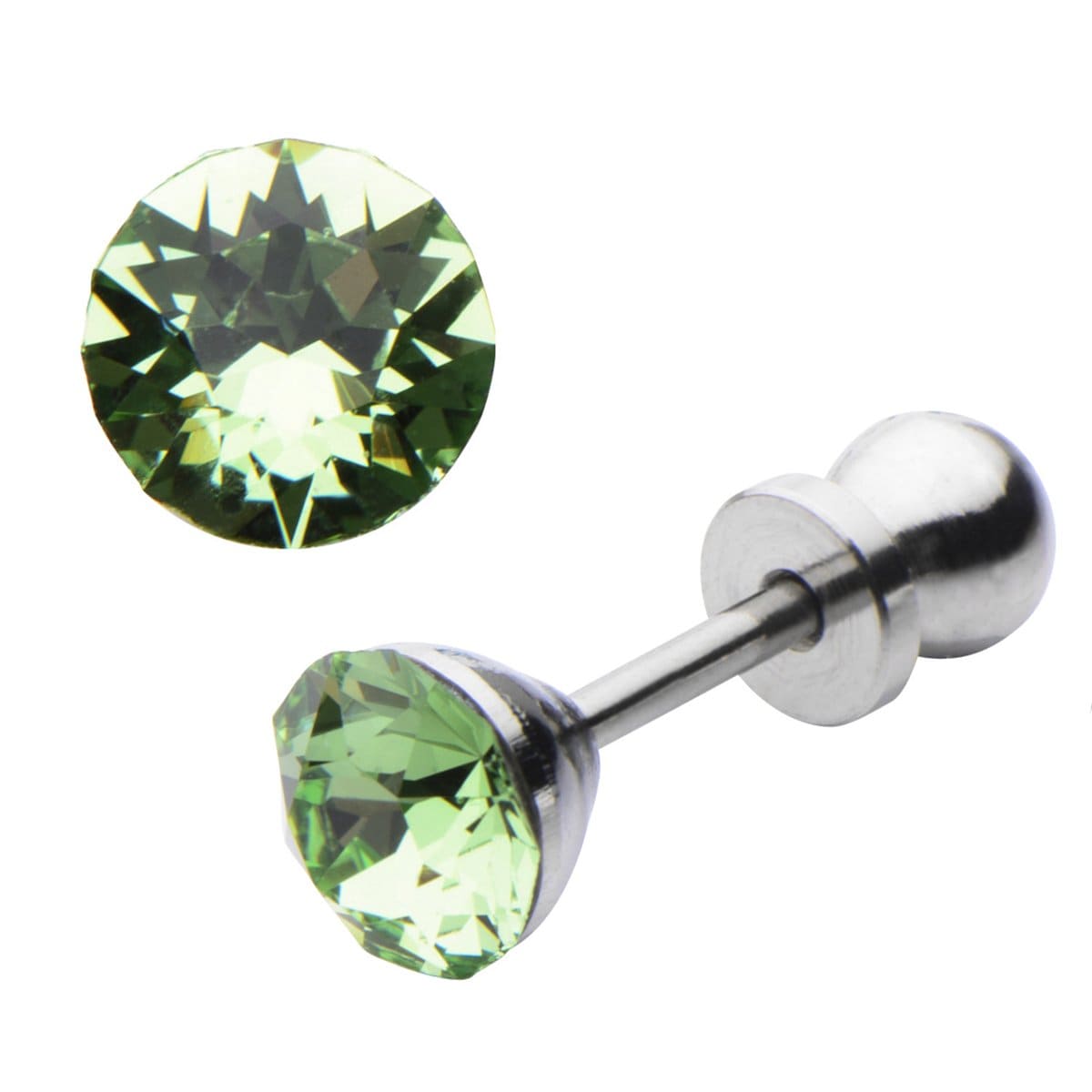 INOX JEWELRY Ladies Earrings Silver Tone Stainless Steel 5mm Light Green CZ Safety Back Ear Stud KDER5PE-PR