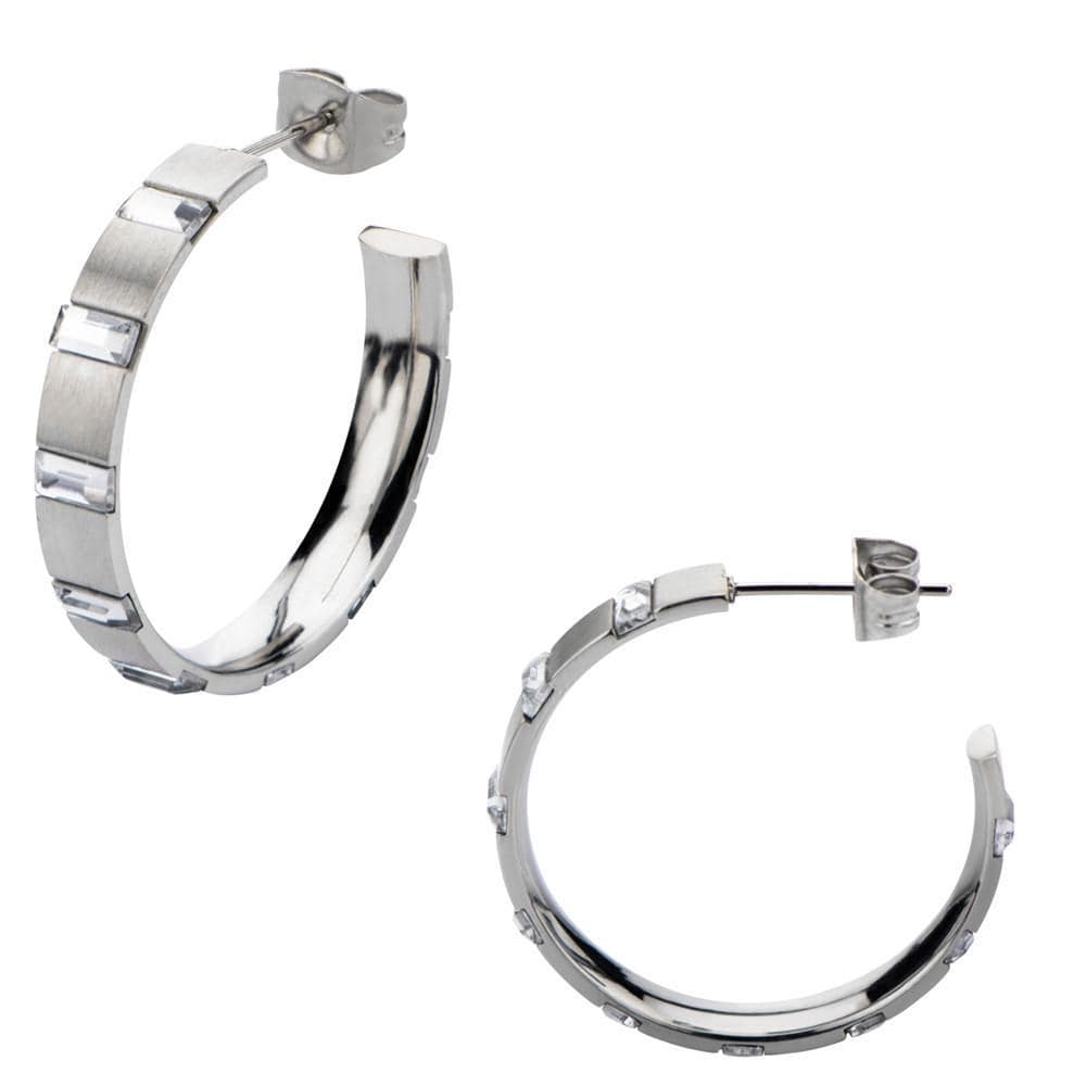 INOX JEWELRY Ladies Earrings Silver Tone Stainless Steel Alternating Rectangle Crystal Hoops SSE1430
