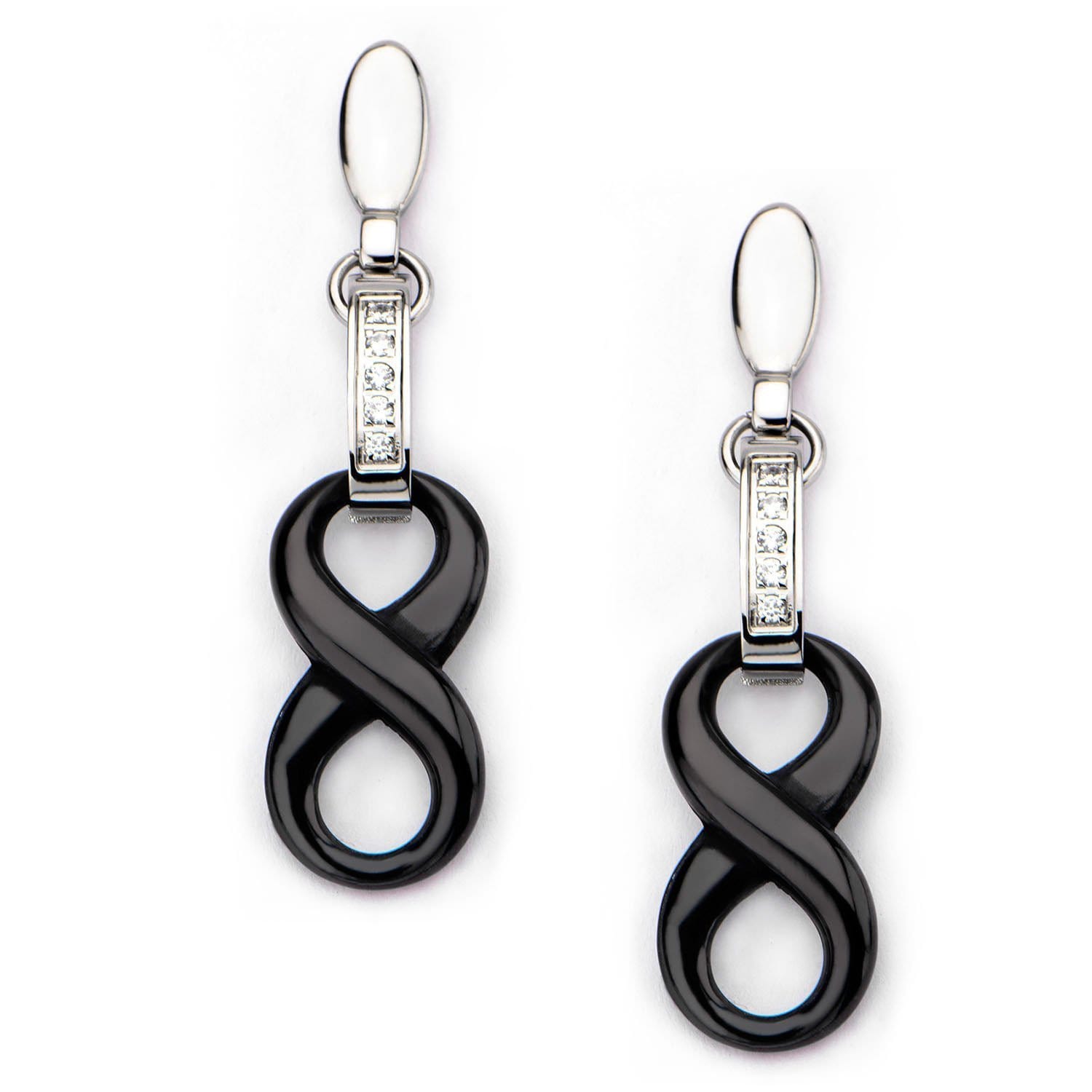 INOX JEWELRY Ladies Earrings Silver Tone Stainless Steel CZ Black Infinity Ceramic Dangle Earrings SSE0802KS