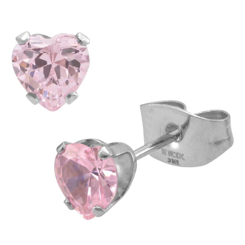 INOX JEWELRY Ladies Earrings Silver Tone Stainless Steel Pink CZ Heart Stud