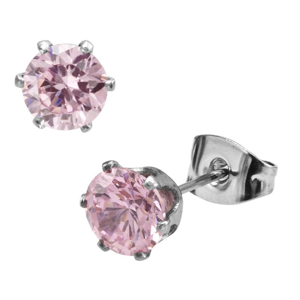 INOX JEWELRY Ladies Earrings Silver Tone Stainless Steel Pink CZ Round Stud