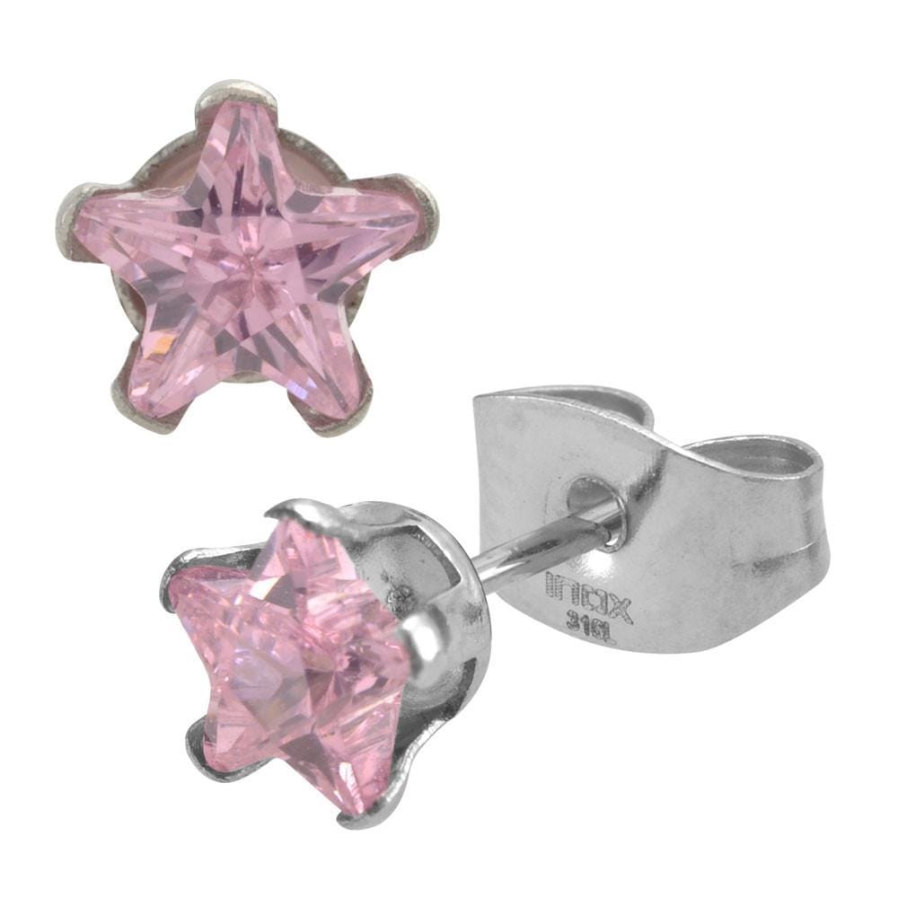 INOX JEWELRY Ladies Earrings Silver Tone Stainless Steel Pink CZ Star Stud